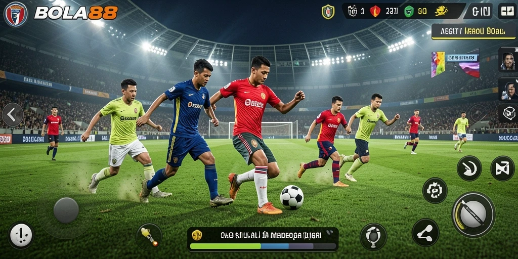 Screenshot BOLA88 menunjukkan momen mendebarkan dalam permainan sepak bola.