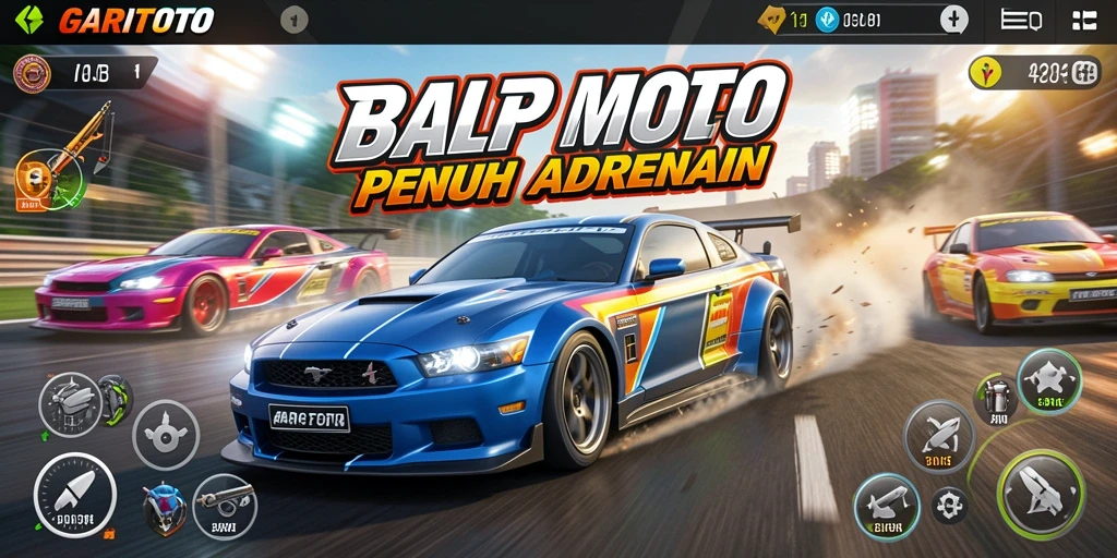 Tangkapan layar gameplay GARITOTO dengan mobil balap mendebarkan.