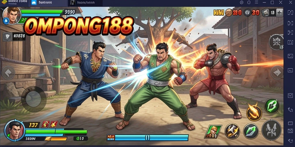 Tampilan action gameplay OMPONG188 yang seru dengan karakter bertarung.