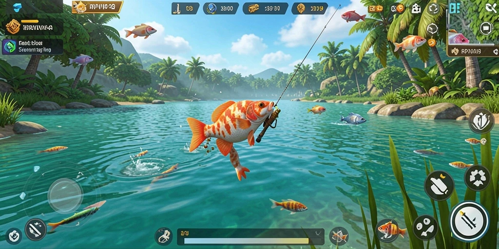 Screenshot utama RPVIP4 menunjukkan pemain menangkap ikan besar di danau yang indah.