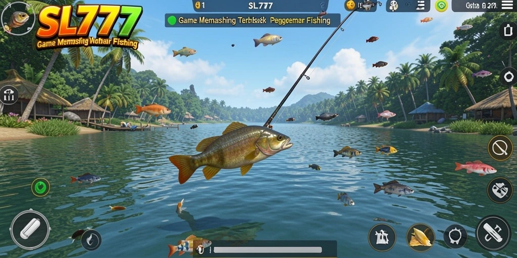 Screenshot gameplay SL777 menampilkan pemain sedang memancing di danau yang indah.